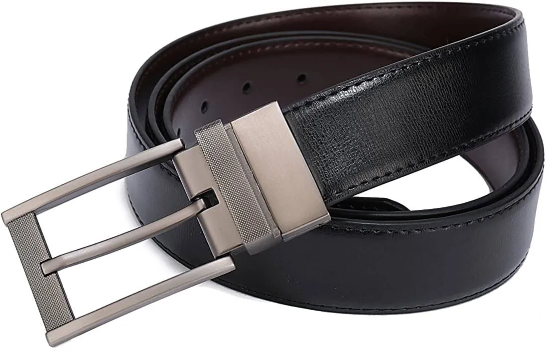 MRoyale™ Men's Reversible Leather Belt | 1.25” Waist Strap Silver Buckle | 2-in-1 Design