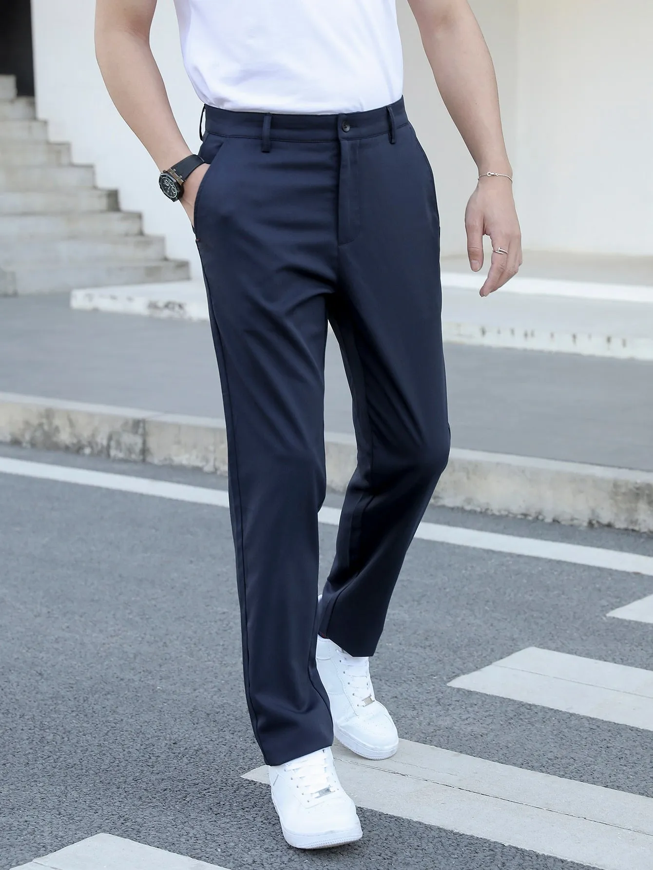 Navy Blue Slant Pocket Zipper Fly Tailored Pants