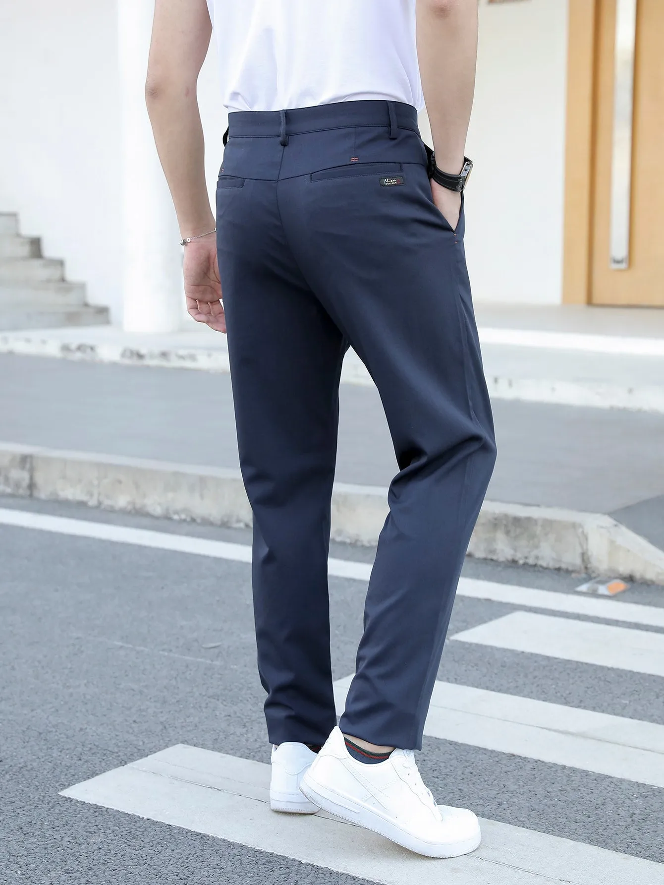 Navy Blue Slant Pocket Zipper Fly Tailored Pants