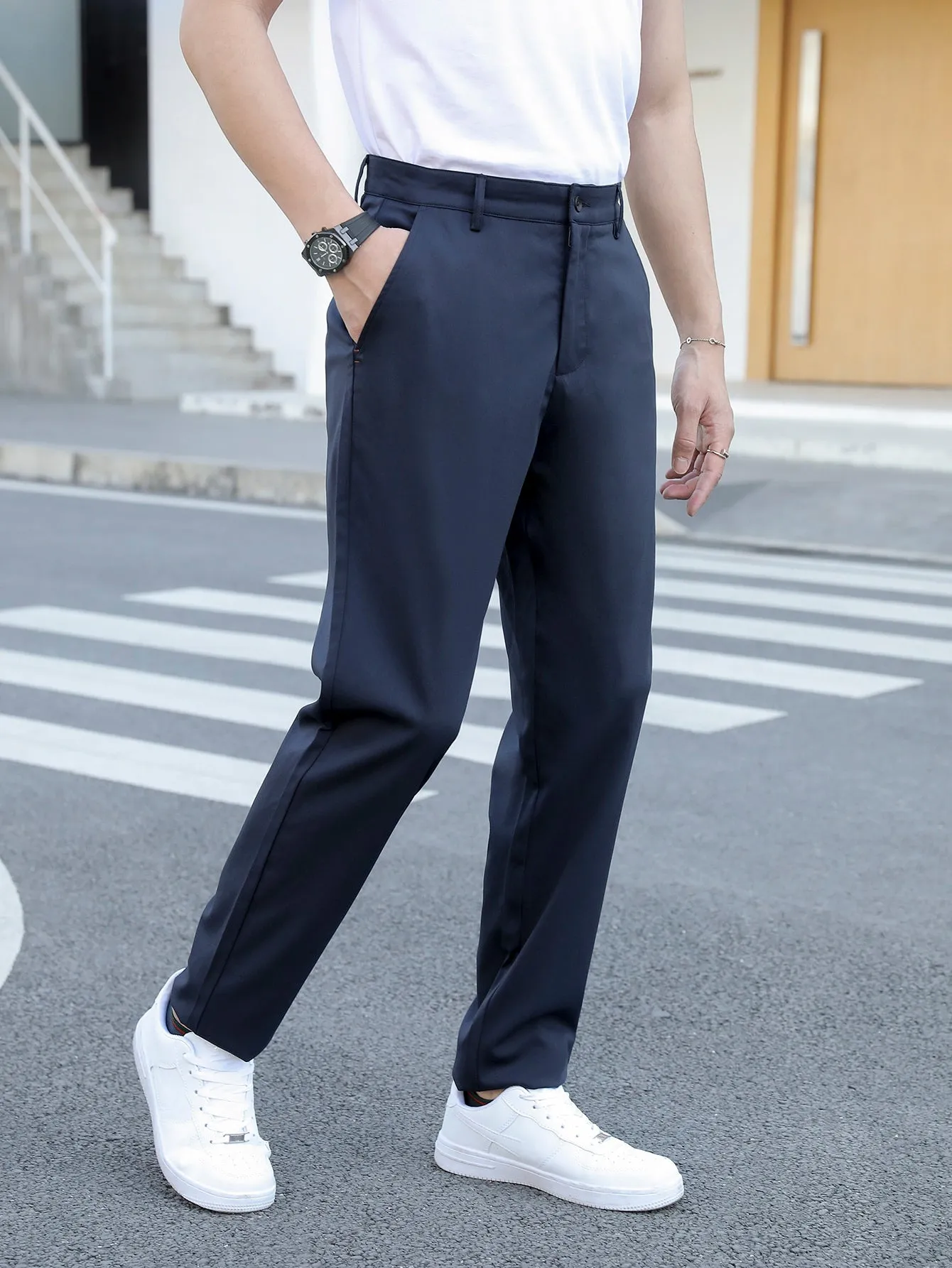 Navy Blue Slant Pocket Zipper Fly Tailored Pants