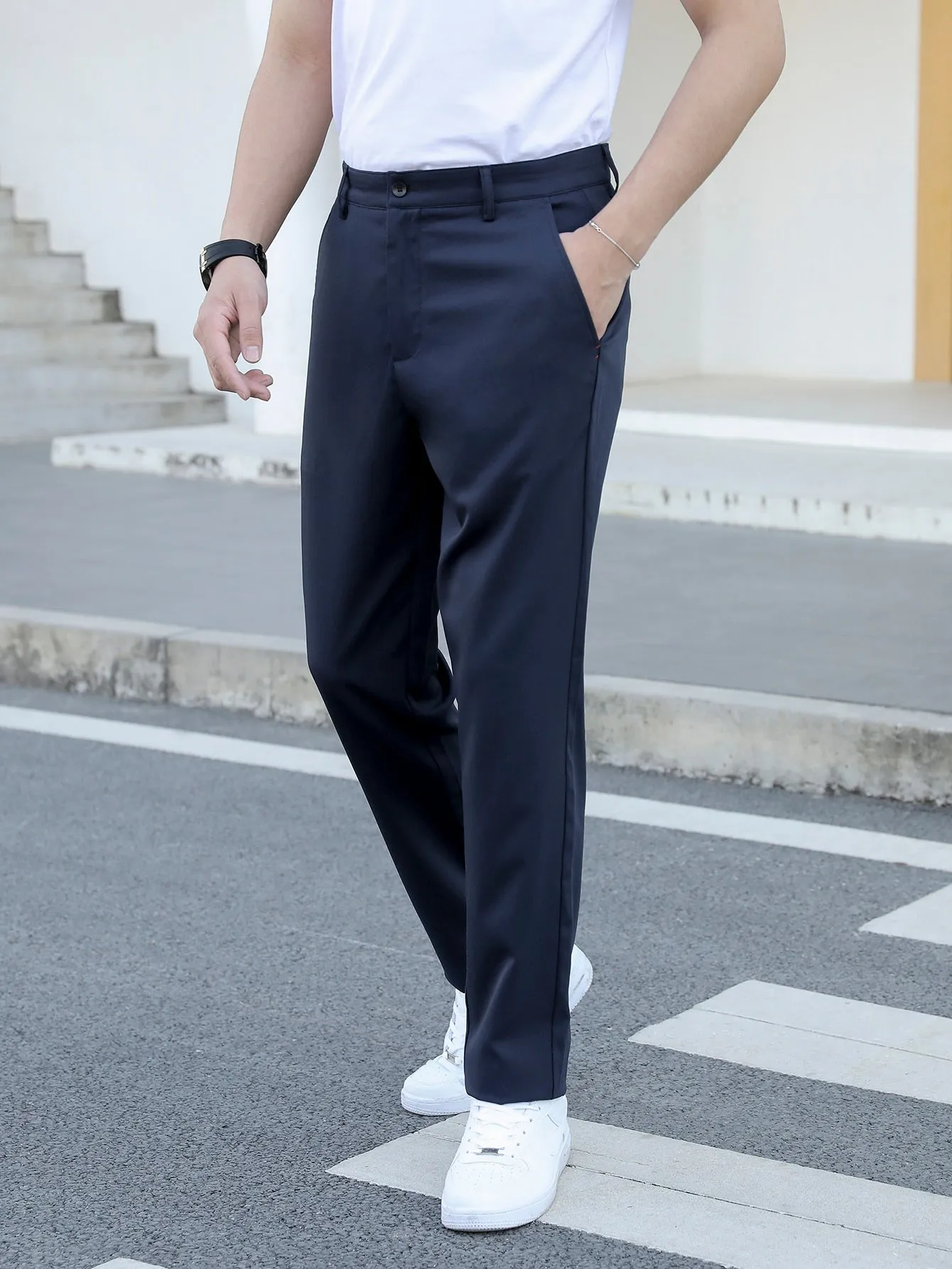 Navy Blue Slant Pocket Zipper Fly Tailored Pants