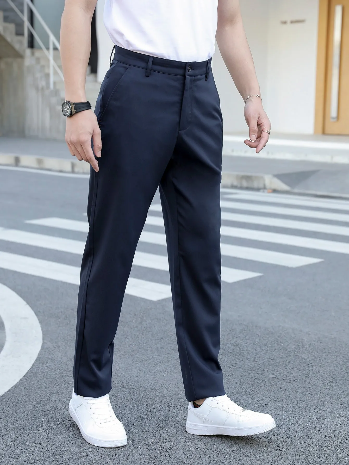 Navy Blue Slant Pocket Zipper Fly Tailored Pants