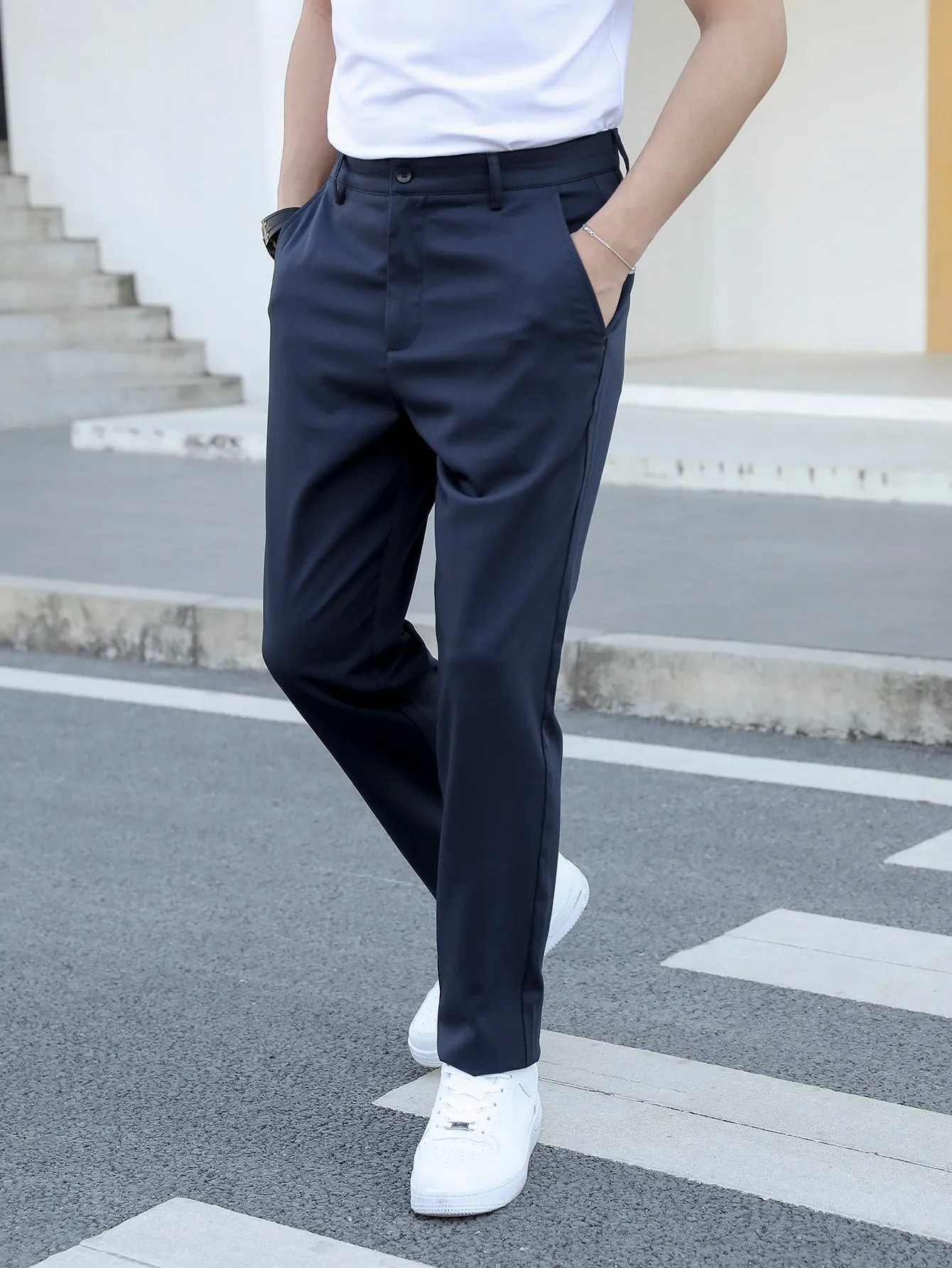 Navy Blue Slant Pocket Zipper Fly Tailored Pants