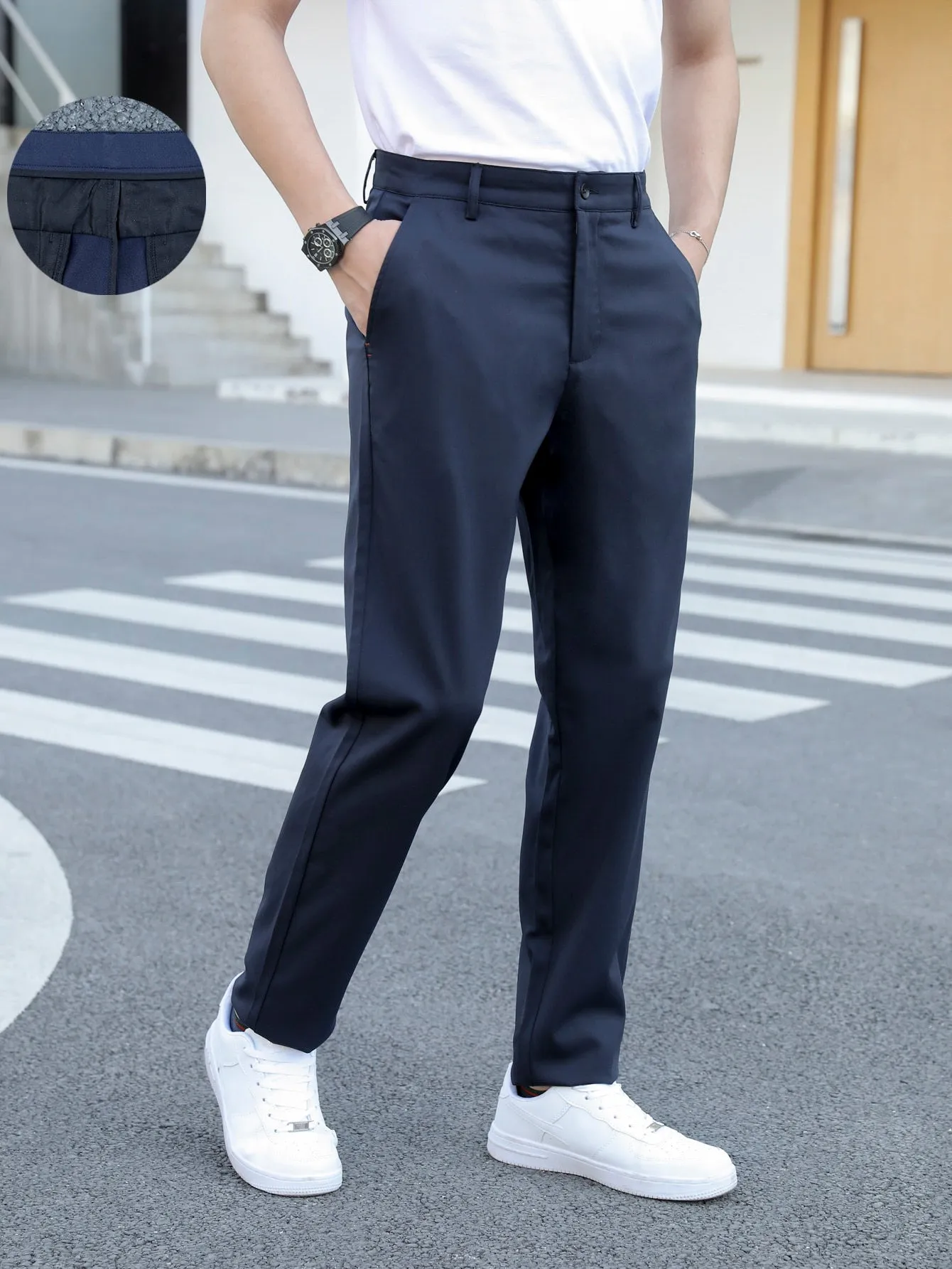 Navy Blue Slant Pocket Zipper Fly Tailored Pants