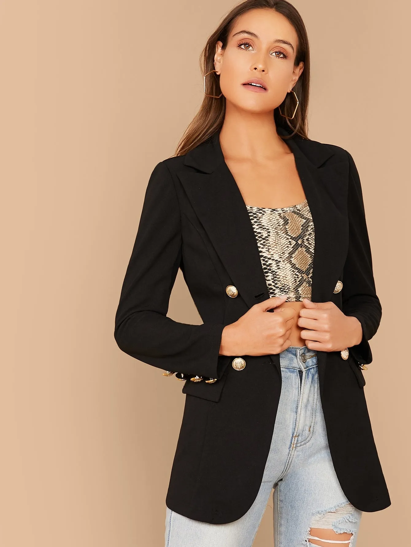 Notch Collar Double Breasted Blazer