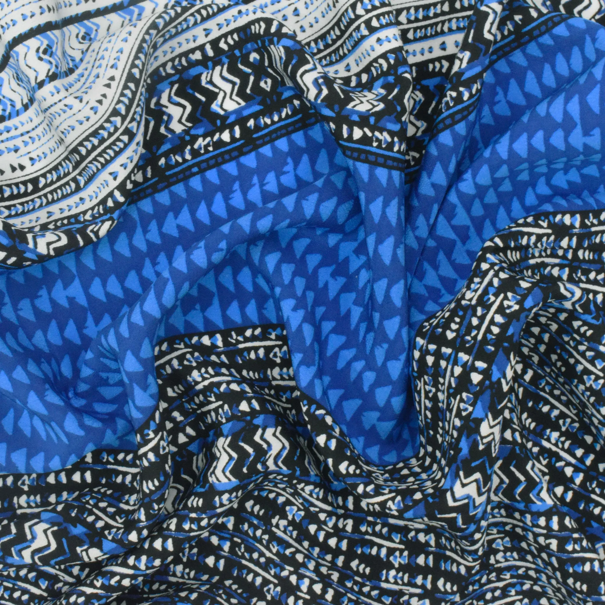 Ocean Blue-White-Multi Aztec Panel Border Printed China Silk Woven Fabric