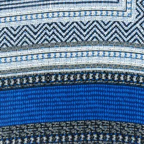 Ocean Blue-White-Multi Aztec Panel Border Printed China Silk Woven Fabric