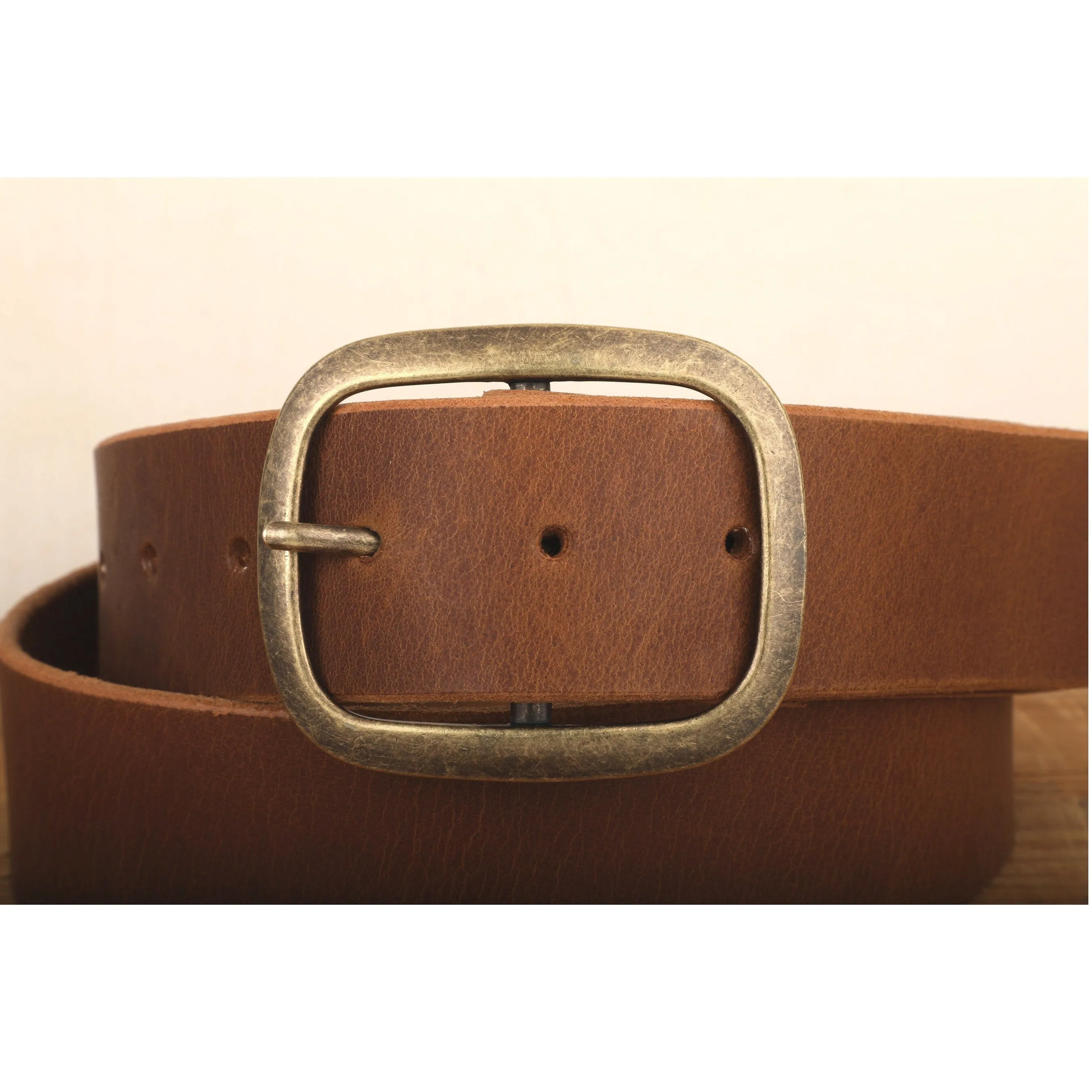 Peanut Dark Brown Leather Belt with Antique Brass Buckle