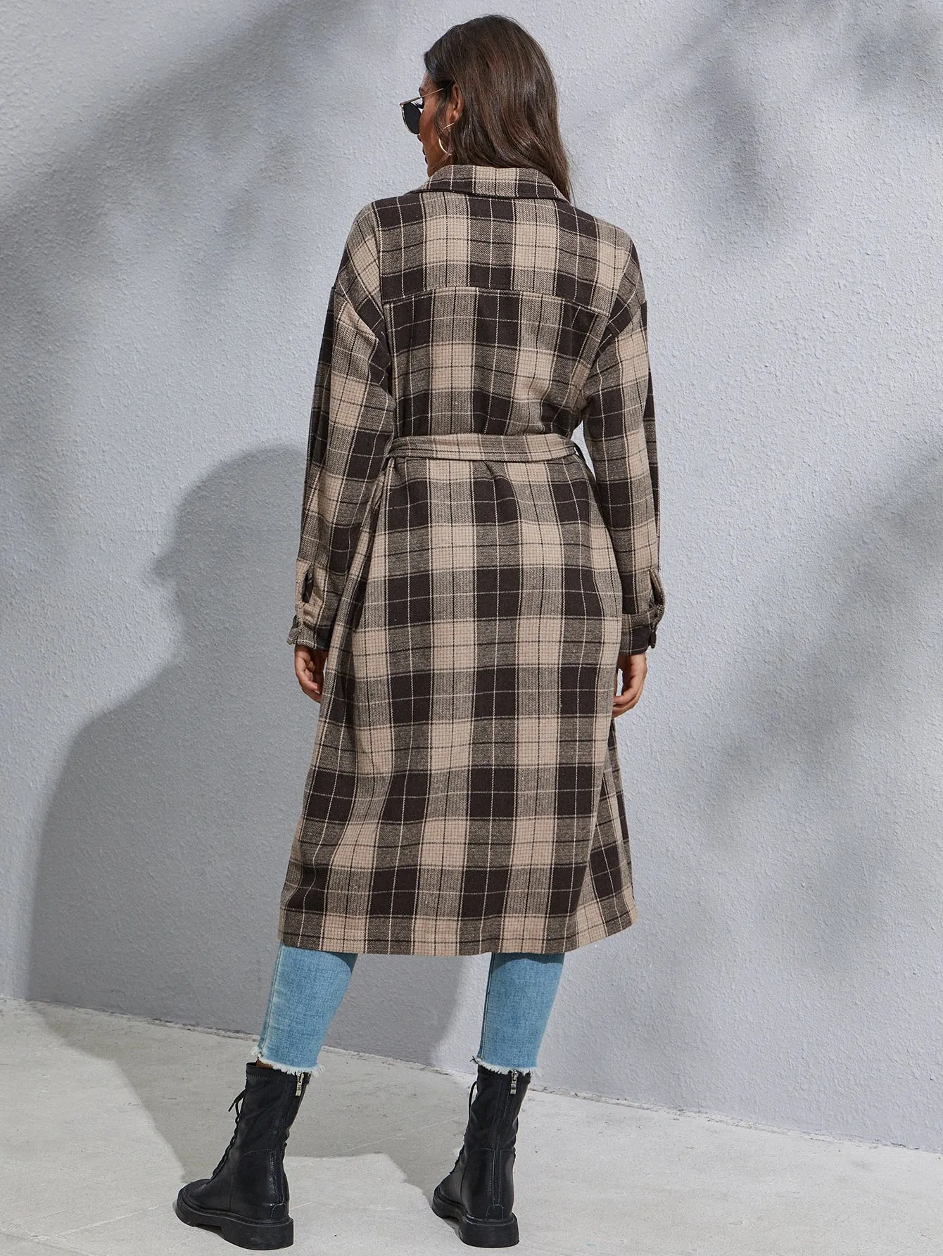 Preppy Plaid Button Front Long Sleeve Collar Long Women Coat