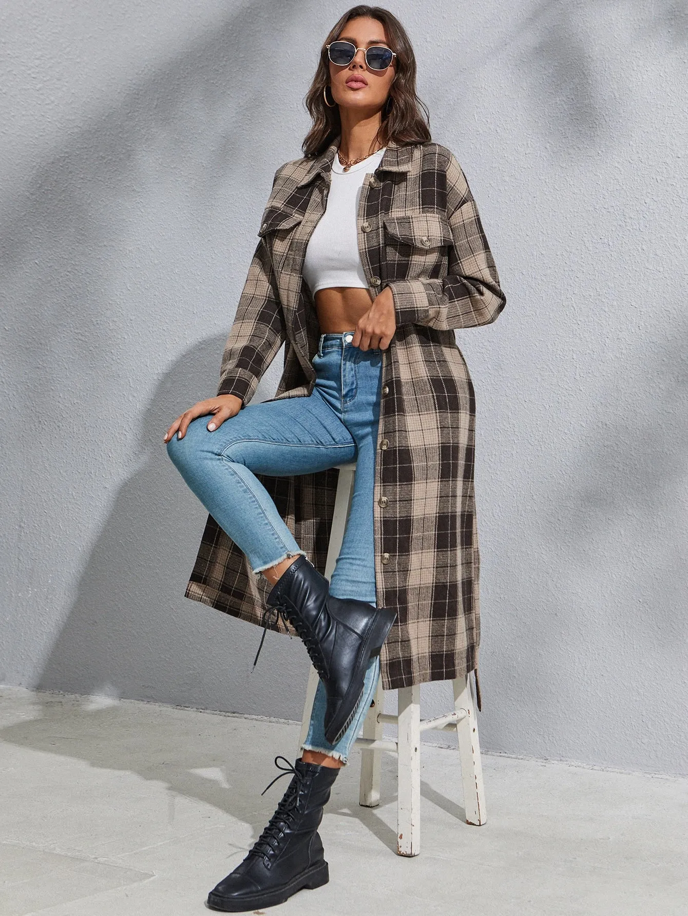 Preppy Plaid Button Front Long Sleeve Collar Long Women Coat