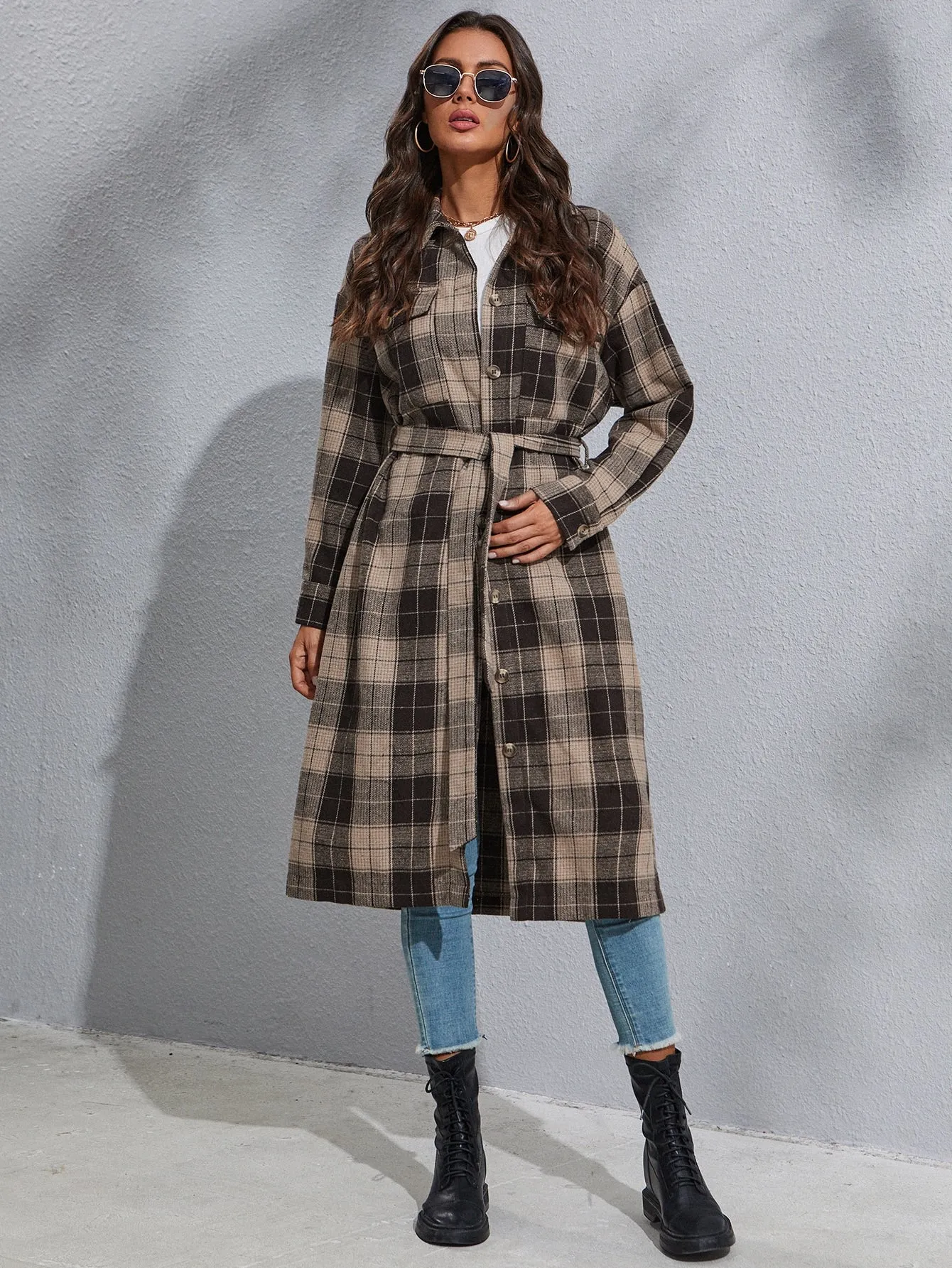 Preppy Plaid Button Front Long Sleeve Collar Long Women Coat