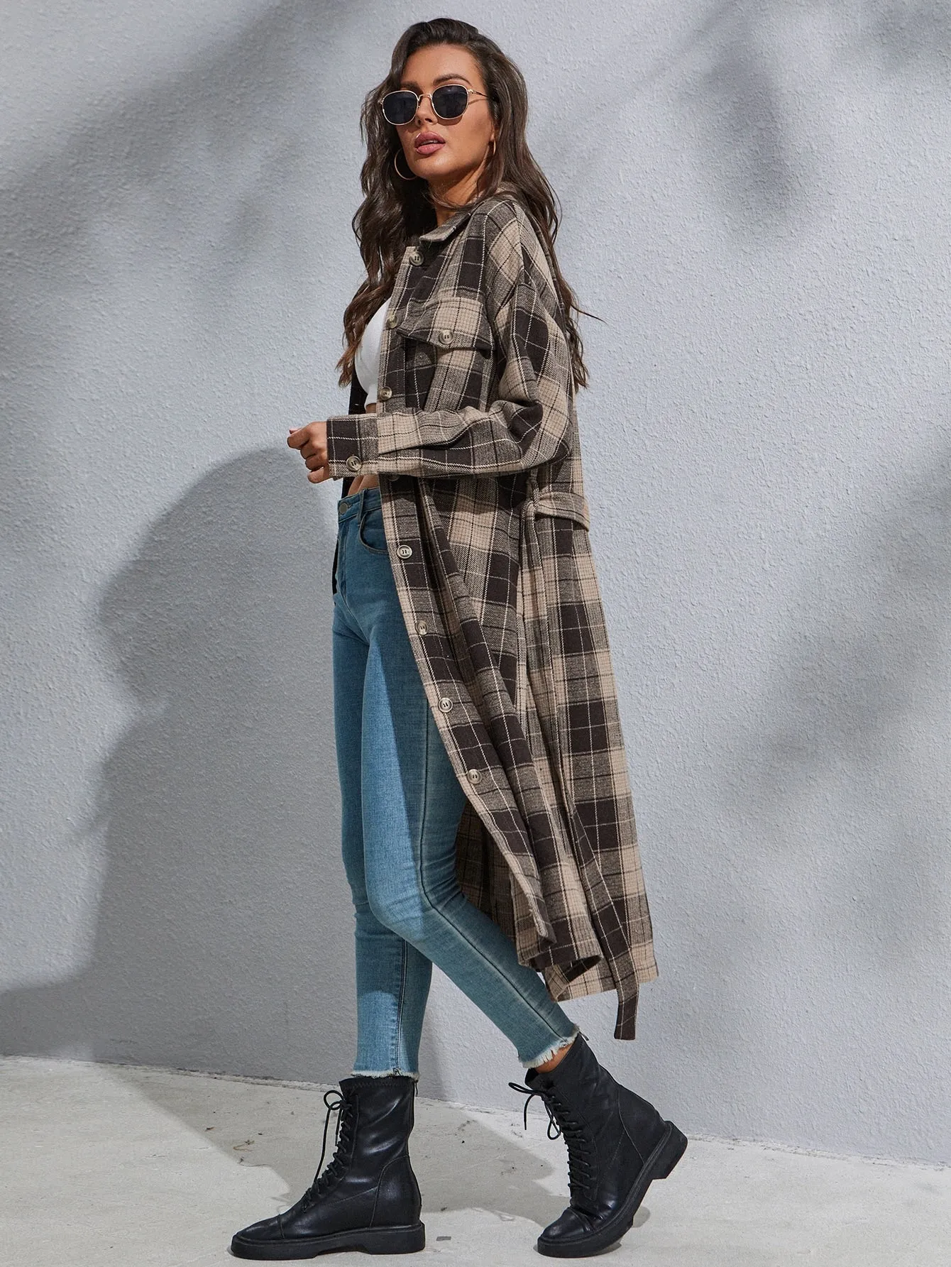 Preppy Plaid Button Front Long Sleeve Collar Long Women Coat