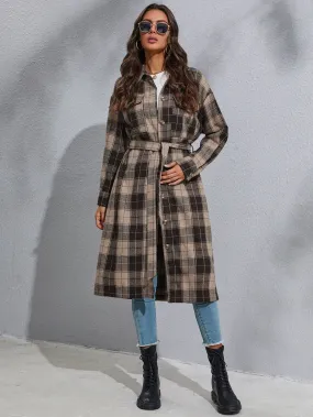 Preppy Plaid Button Front Long Sleeve Collar Long Women Coat