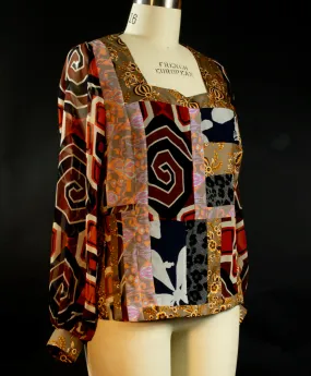 Print Silk Square Neck Patchwork Top