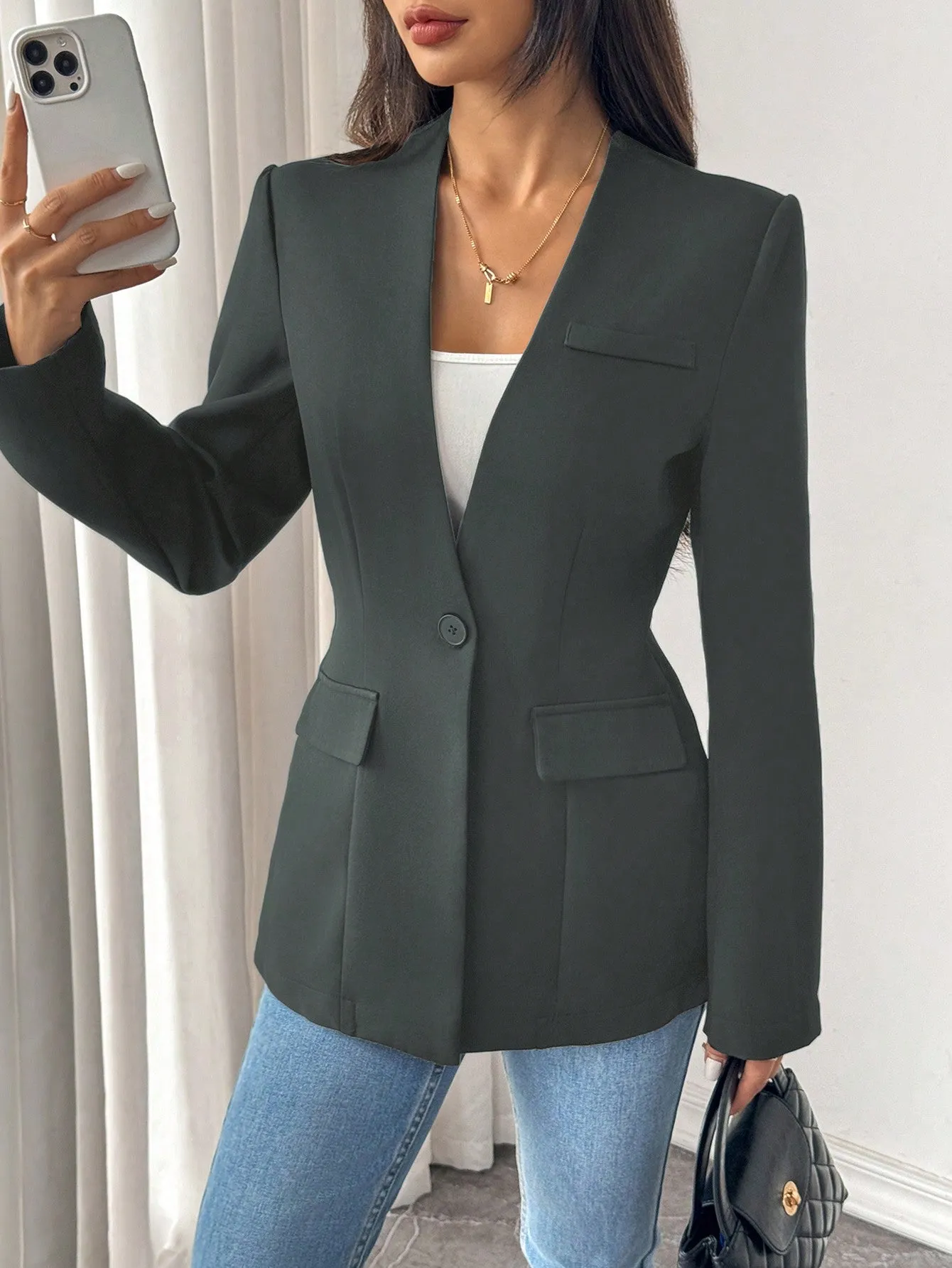 Raffinéa Solid Color Elegant Single-Button Long Sleeve Blazer