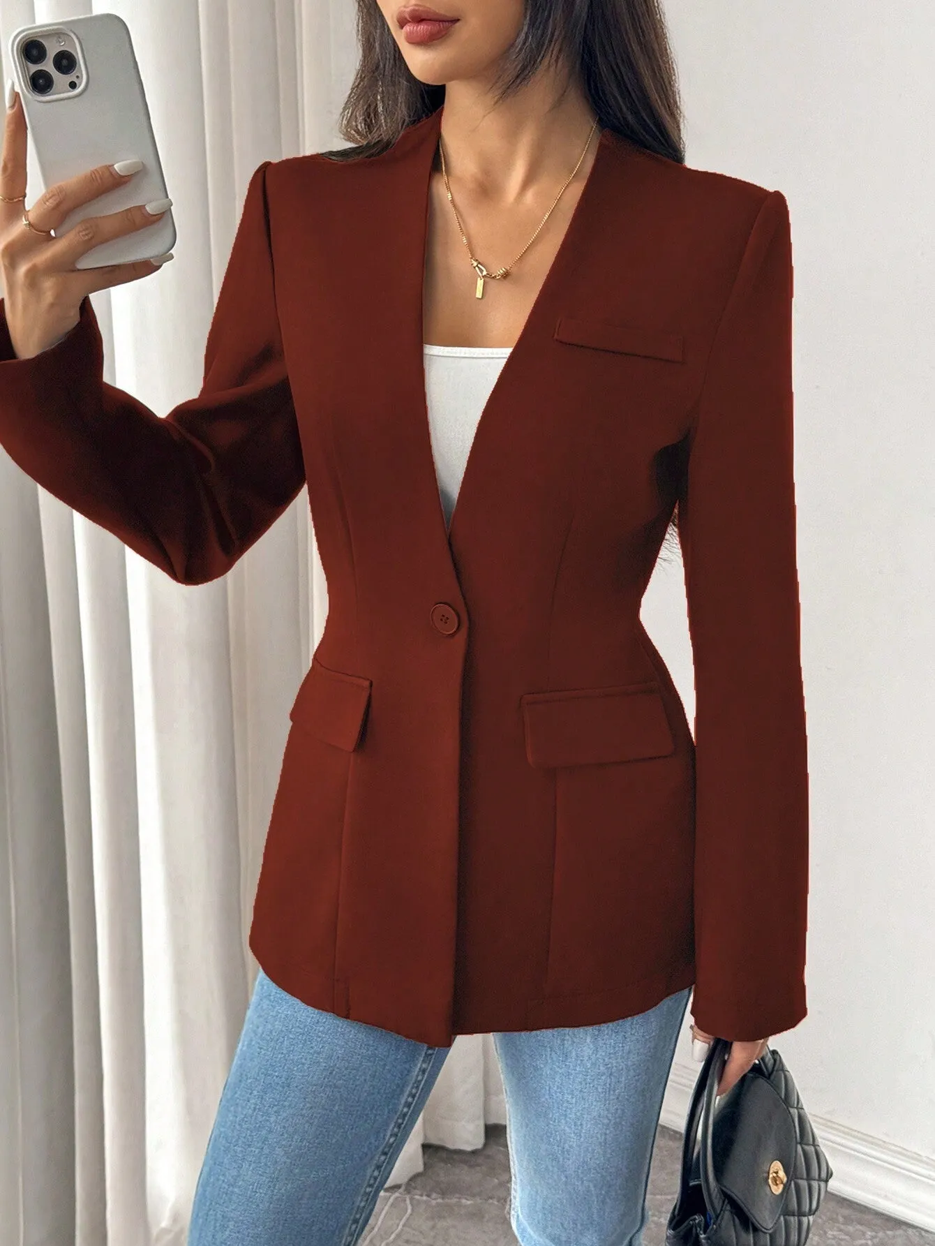 Raffinéa Solid Color Elegant Single-Button Long Sleeve Blazer