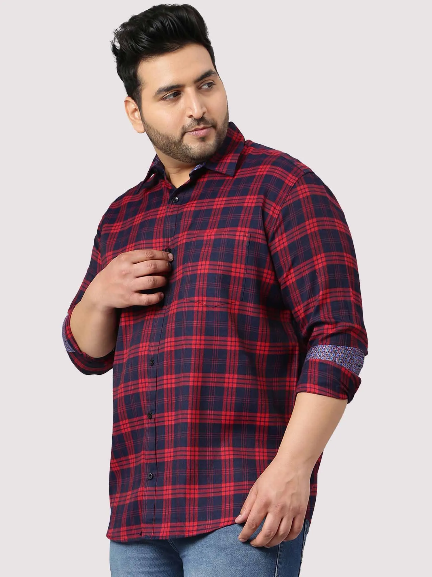 Red and Blue Indigo Cotton Check Shirt Men's Plus Size