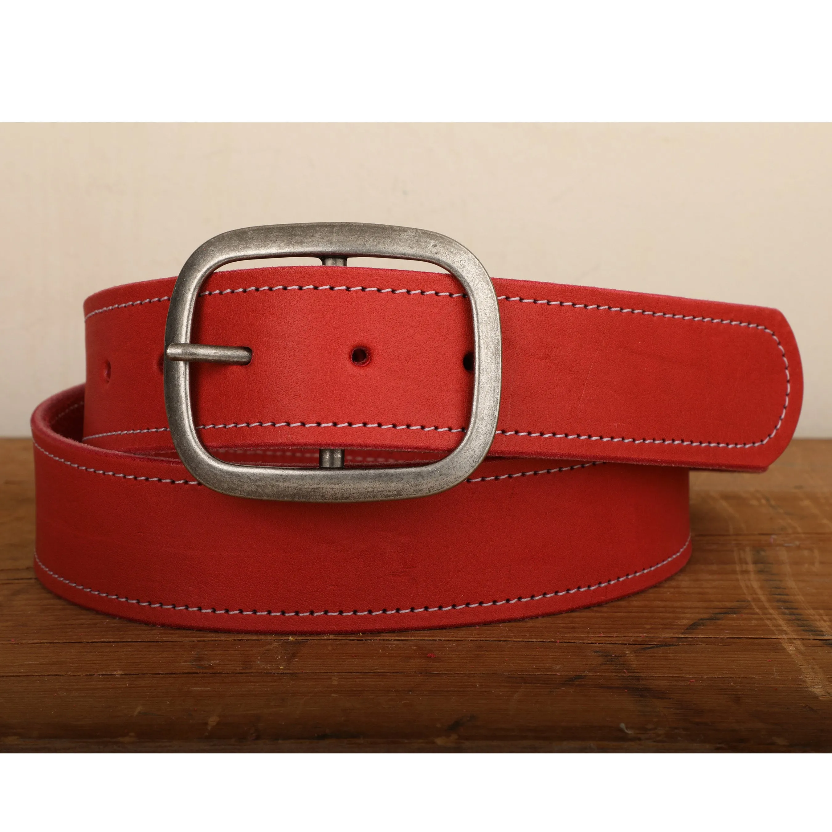 Red Leather Belt with White Stitch and Antique Silver Buckle