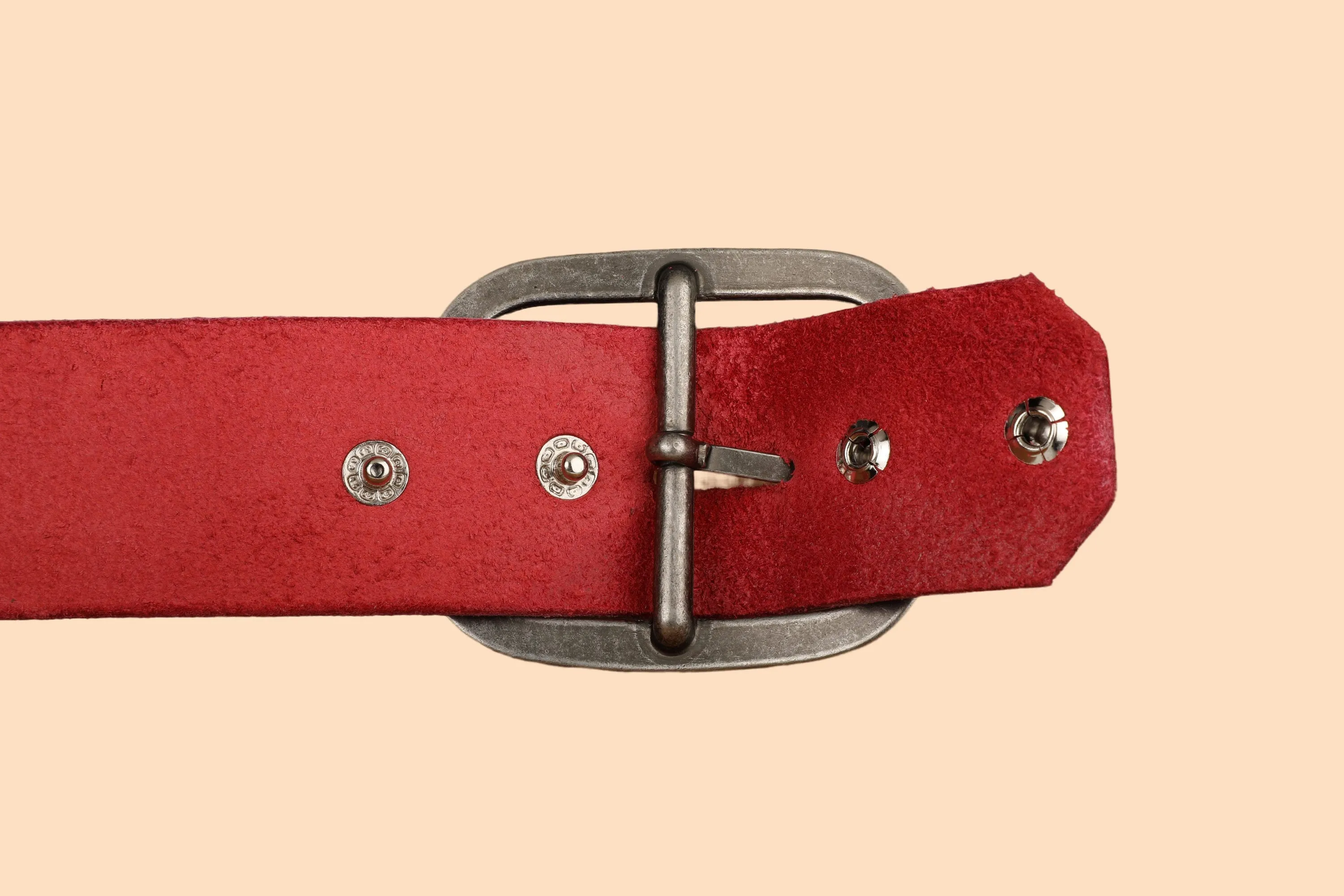 Red Leather Belt with White Stitch and Antique Silver Buckle