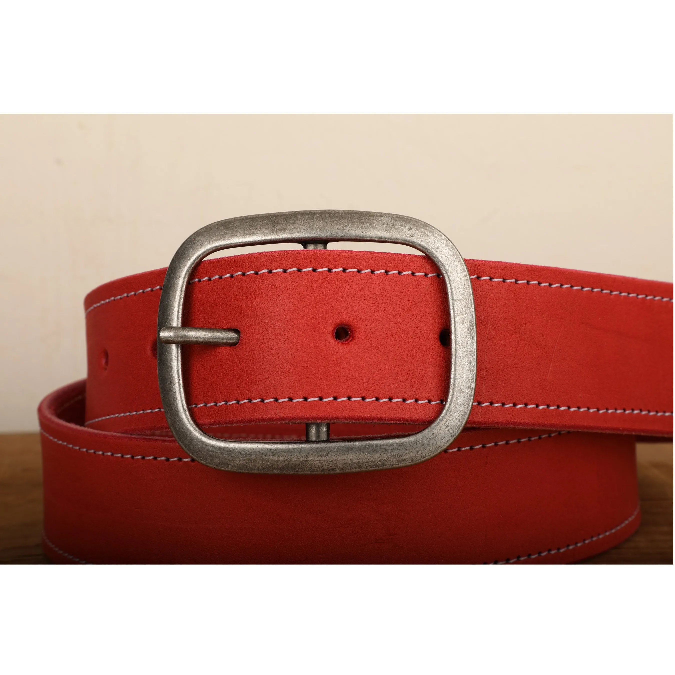 Red Leather Belt with White Stitch and Antique Silver Buckle