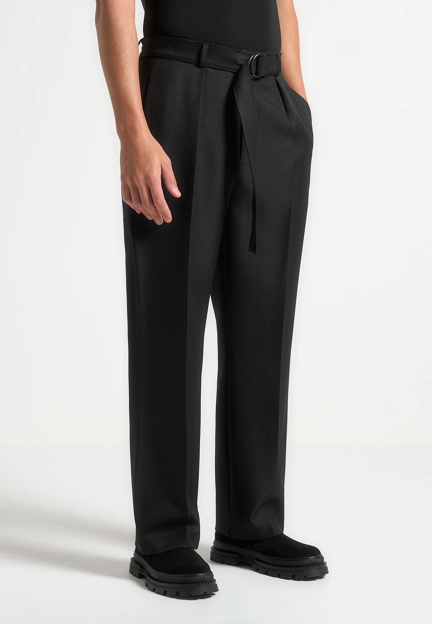 Relaxed Fit Textured Belted Tailored Trousers - Black