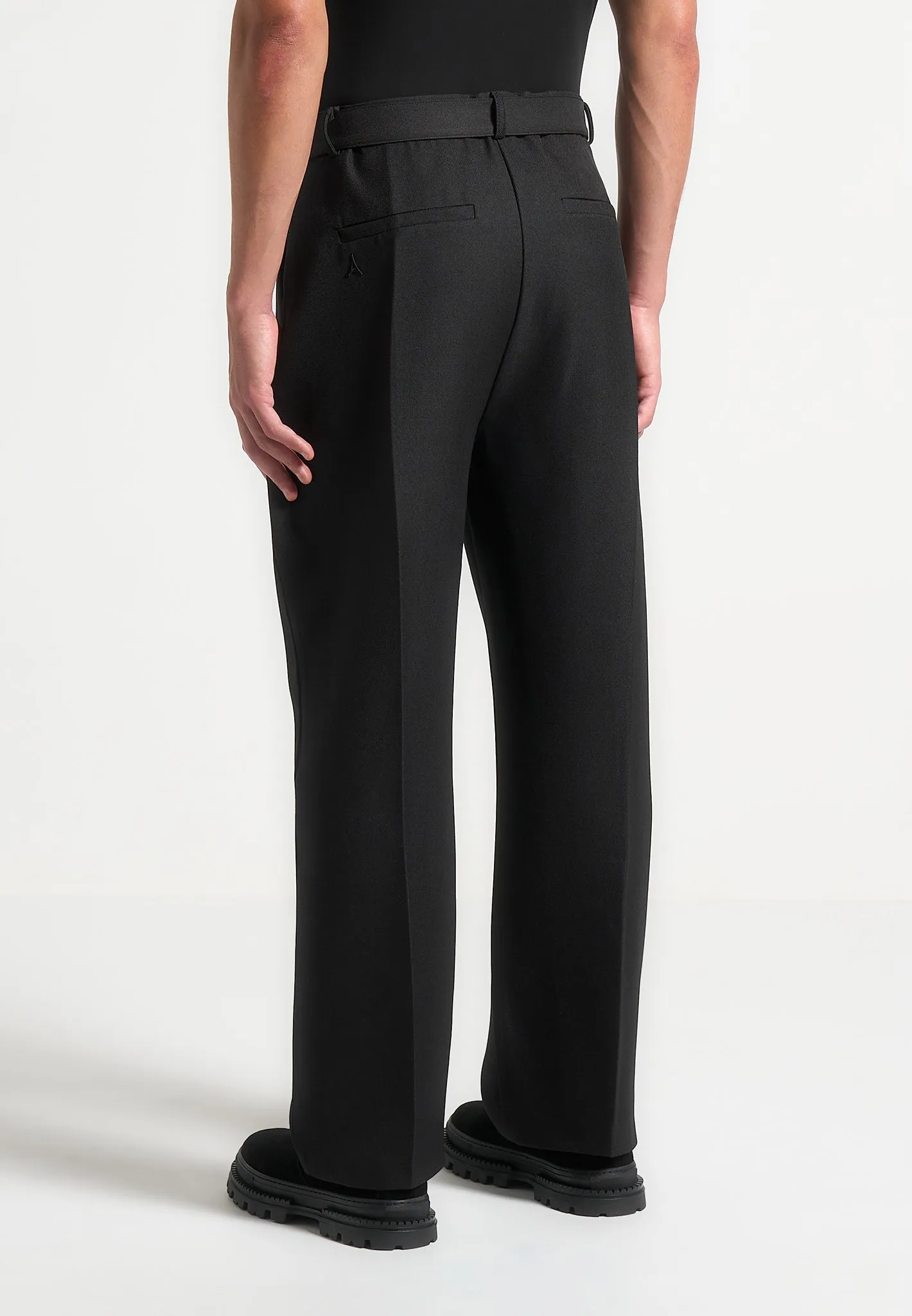 Relaxed Fit Textured Belted Tailored Trousers - Black