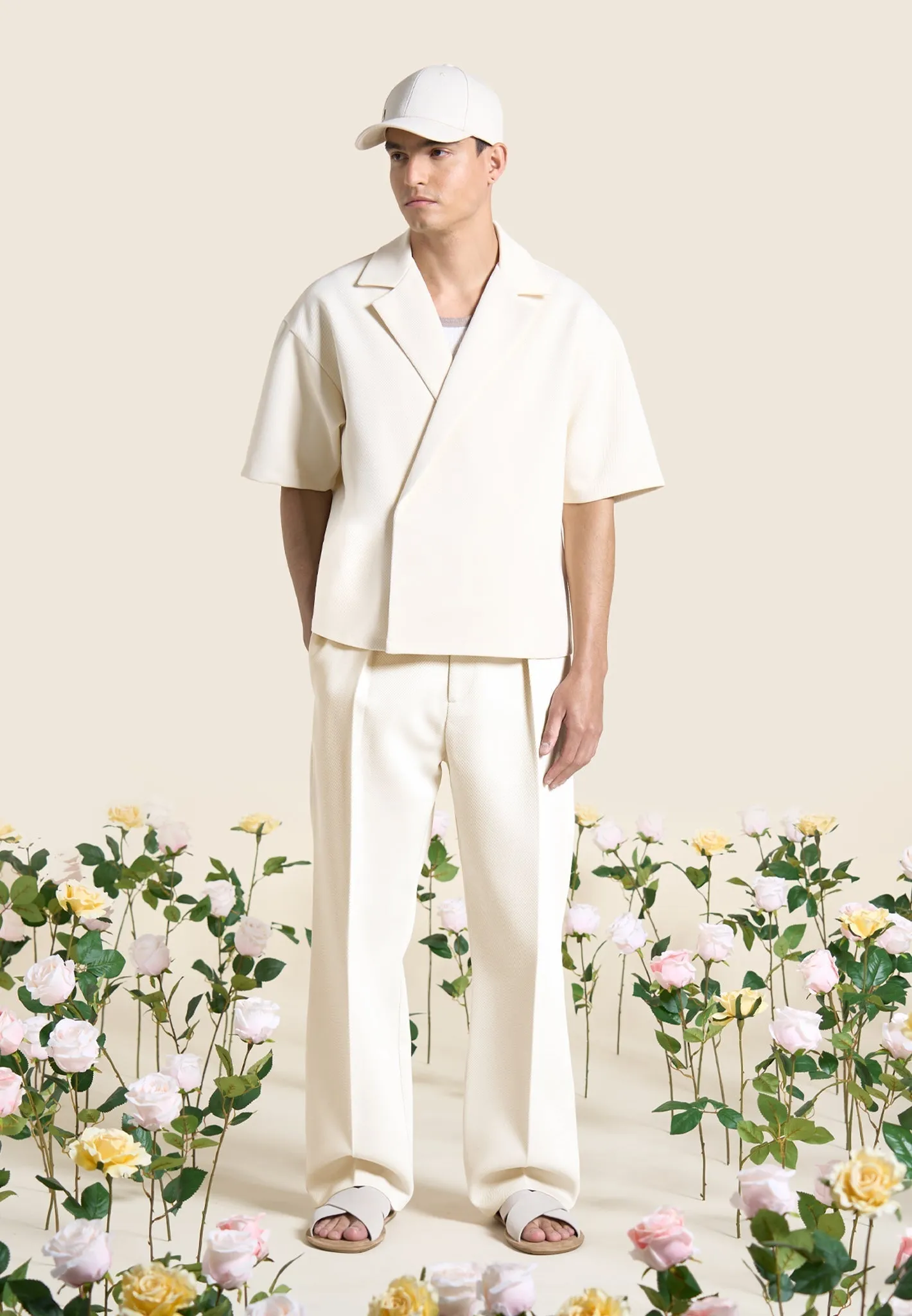 Relaxed Fit Twill Pleated Tailored Trousers - Cream