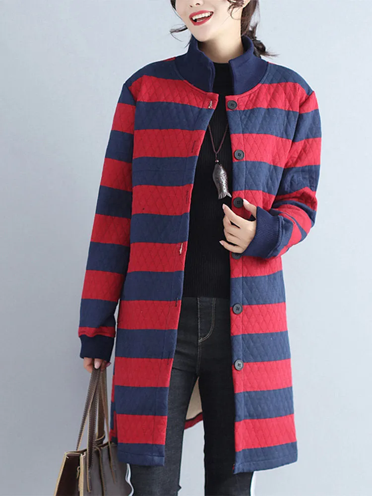 Striped Stand Collar Long Coats