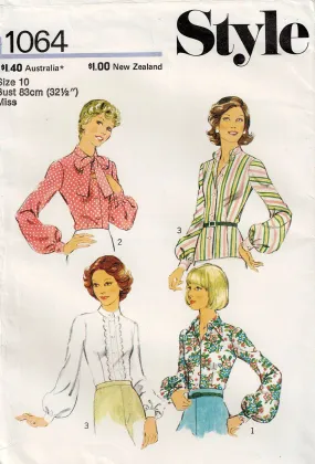 Style 1064 Womens Big Sleeved Blouses 1970s Vintage Sewing Pattern Size 10 UNCUT Factory Folded