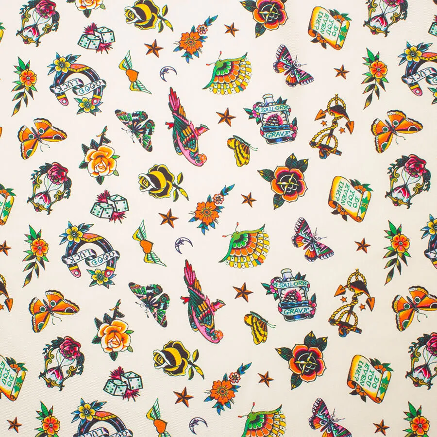 'Tattoo Art' Printed Cream Silk Twill