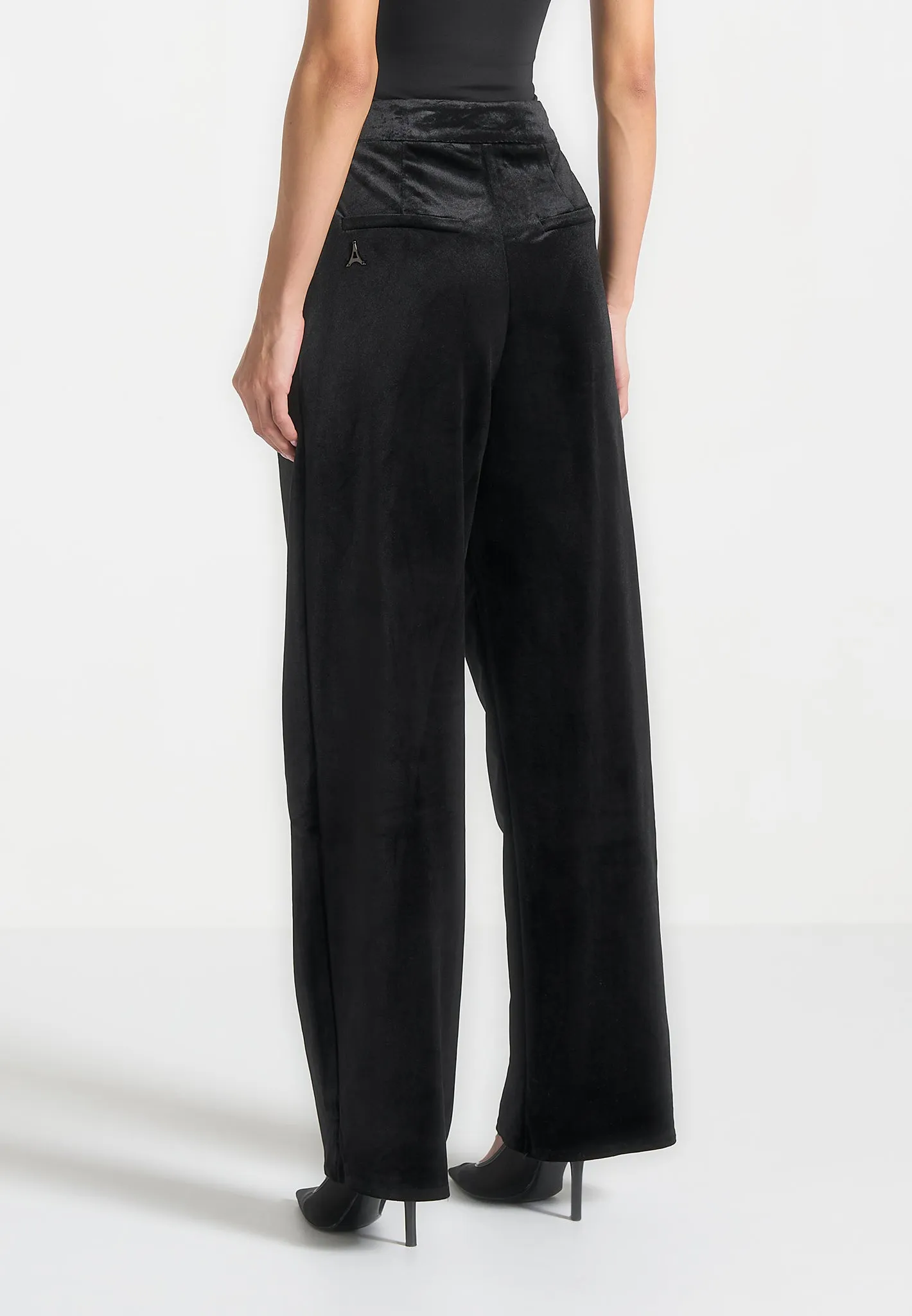 Velvet Tailored Pleated Trousers - Black