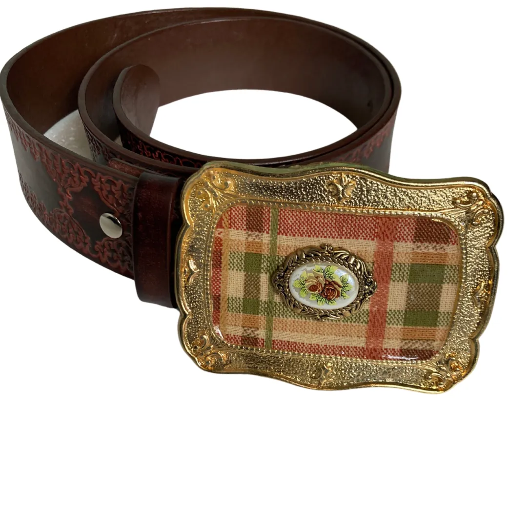 Vintage Leather Tooled Belt with Plaid Buckle Size M