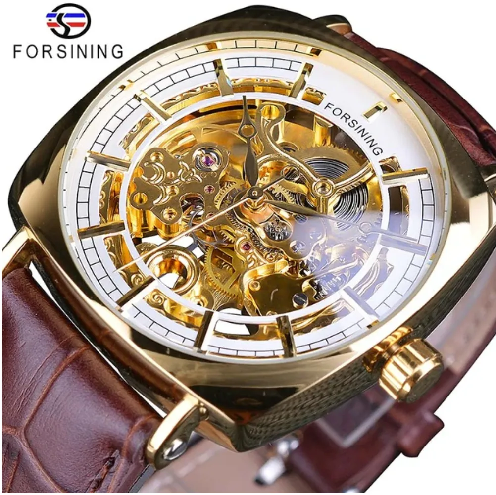 White Mechanical Skeleton Watch Business Luxury Dress Watch Leather Design