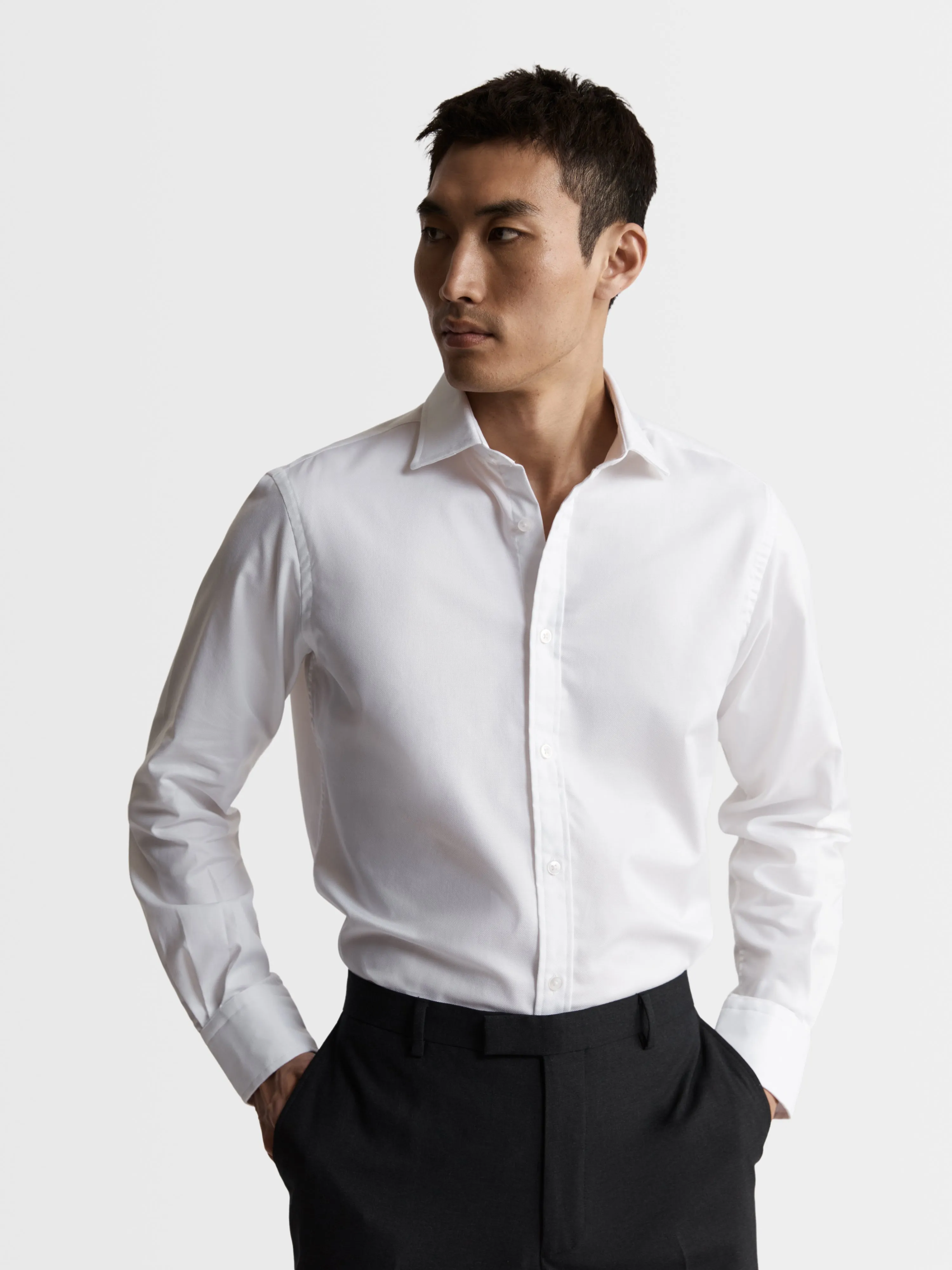 White Poplin Stretch Fitted Single Cuff Cutaway Collar Shirt