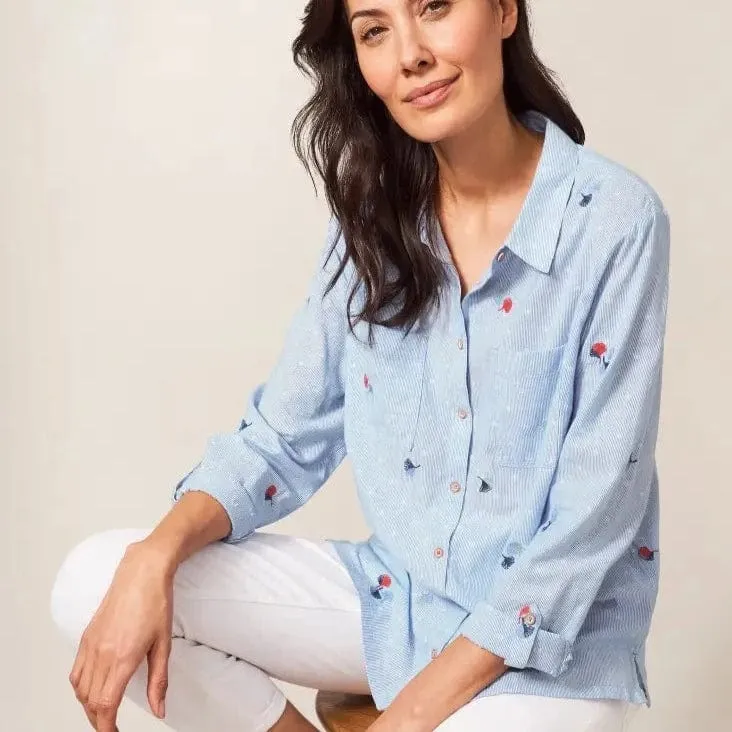 White Stuff Emilia Stripe Embroidered Shirt Blue