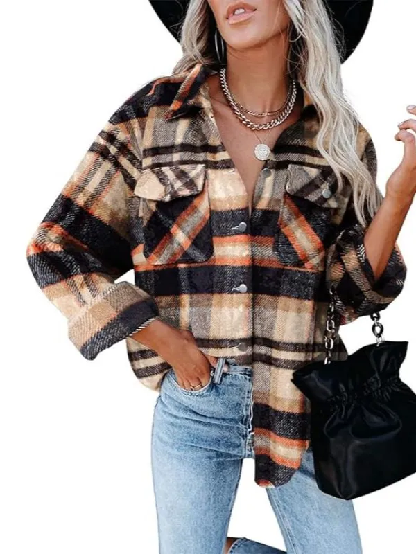 Women Plaid Pattern Jacket With Collared Design